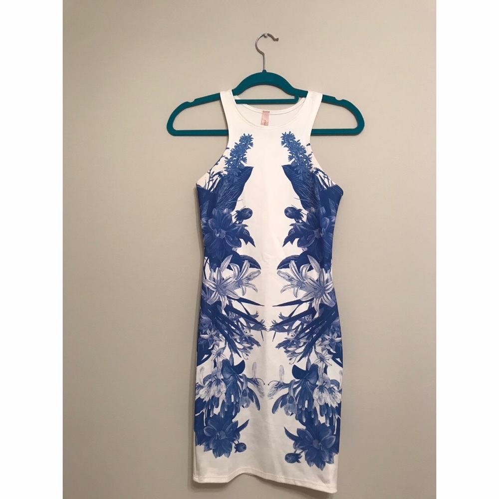 white bodycon dress with blue floral